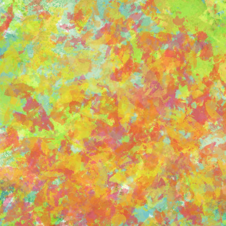 abstract autumn leaves painted background design with thick paint texture, warm fall colors of red orange and yellow on blue sky in seasonal colorful illustrationの写真素材