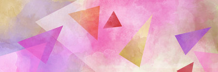 abstract background of triangles and shapes layered in geometric design, colorful pink purple orange yellow red and white watercolor triangles painted on textured backgroundの写真素材