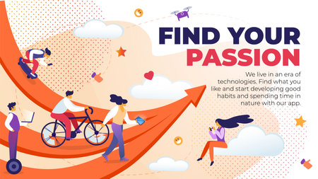 Horizontal Flat Banner Written Find Your Passion. Vector Illustration We Live in Era Technologies. Find what you Like and Start Developing Good Habits and Spending Time Nature with Our App.のイラスト素材