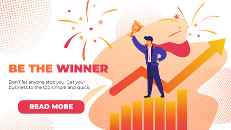 Flat Banner Be the Winner Vector Illustration. On Pink Background is Written Dont Anyone Stop You. Get Your Business to Top Simple and Quick. Man Standing Columns Growth and Holding Valuable Prize.のイラスト素材