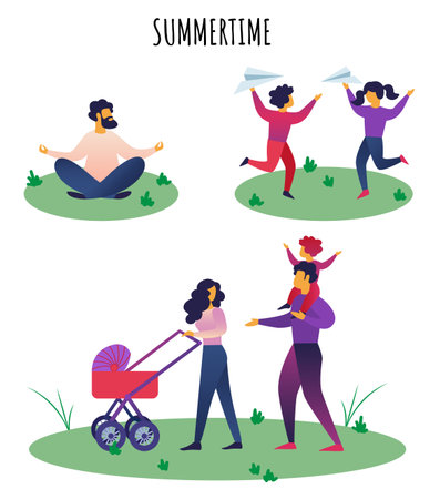 Flat Banner Inscription Summer Time Lettering. Family Walks Summer with Stroller Grass. Children are Playing Street, Launching Paper Airplane. Man Meditating in Nature. Vector Illustration.のイラスト素材