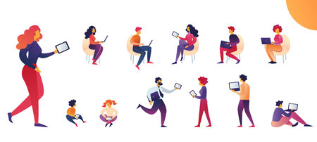 People use Tablets and Laptops Cartoon Vector. Woman Casual Wear Carries Tablet. Men, Women and Children Regularly use Portable Digital Devices. Vector Illustration on White Background.のイラスト素材