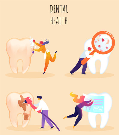 Vector Illustration Inscription Dental Health. Woman Cleans Big Tooth. Close-up Tooth, Man Examines Micro Glass with Podavilivitelnym Glass. Male Dentist Seals Broken Tooth Cartoon.のイラスト素材