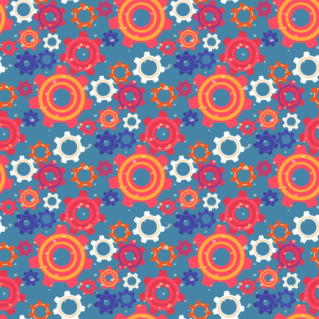 Seamless Pattern with Colorful Gears and Cogwheels on Blue Background. Industrial Technology Mechanical Engineering Ornament for Fabric Print, Wallpaper or Wrapping Paper. Flat Vector Illustrationのイラスト素材
