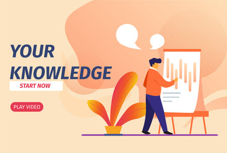 Your Knowledge Start Now Horizontal Banner. Young Man Learning Graphs on Chart Board. Education in University or College. Student or Teacher on Lesson Studying Process Cartoon Flat Vector Illustrationのイラスト素材