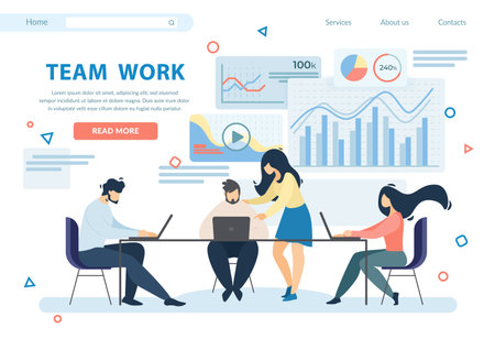 Team Work Horizontal Banner. Group of Business People Sitting Around of Table in Office with Gadgets and Laptops on Background with Analytics Graphs Information. Cartoon Flat Vector Illustration.のイラスト素材