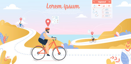 Biking Competition, Young Sportsmen Driving Bicycles on Mountain Streamer Route with Seascape View Background. Summertime Sports Activity, Healthy Lifestyle, Cartoon Flat Vector Illustration, Bannerのイラスト素材