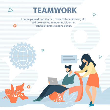 Flat is Written Teamwork Vector Illustration. Employees Discuss Working Draft Man Sitting in Chair with Laptop, Woman Looks at Computer Screen. Successful Collaboration at Work Cartoon.のイラスト素材