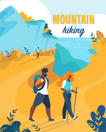 Bright Flyer is Written Mountain Hiking Cartoon. Husband and Wife Spend their Holidays in Mountains. Woman uses Equipment for Hiking. Man Carries Backpack. Vector Illustration Cartoon.のイラスト素材