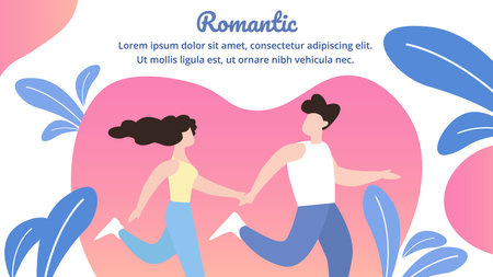 Summer Poster is Written Romantic Cartoon Flat. Banner Weekend Sport for Romantic Couple. Man and Woman in Sportswear are Running against Background Big Heart. Vector Illustration.のイラスト素材