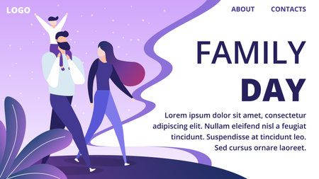 Family Day Horizontal Banner, Mother, Father and Little Child Walking at Evening City Street. Son Sitting on Father Shoulders. Summer Time Weekend, Love Relations. Cartoon Flat Vector Illustrationのイラスト素材