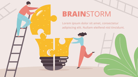 Brainstorm Horizontal Banner. Office People Work Together Setting Up Huge Light Bulb Separated on Puzzle Pieces Standing on Ladders. Businesspeople Teamwork Process. Cartoon Flat Vector Illustrationのイラスト素材
