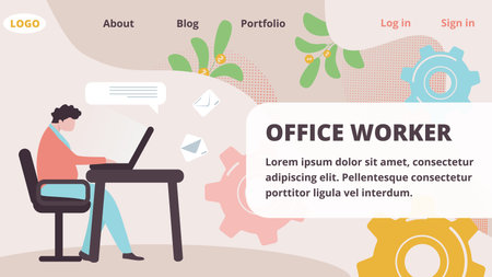 Office Worker Horizontal Banner. Pregnant Woman Sitting at Workplace Working on Laptop Send E-mails to Clients. Girl Manager in Business Company, Employee Character, Cartoon Flat Vector Illustrationのイラスト素材