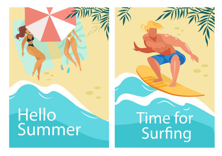 Hello Summer and Time for Surfing Vertical Banners Set. Girls in Bikini Tanning on Sandy Beach under Umrella Top View, Man Riding Surf Board on Sea Waves, Vacation Cartoon Flat Vector Illustrationのイラスト素材