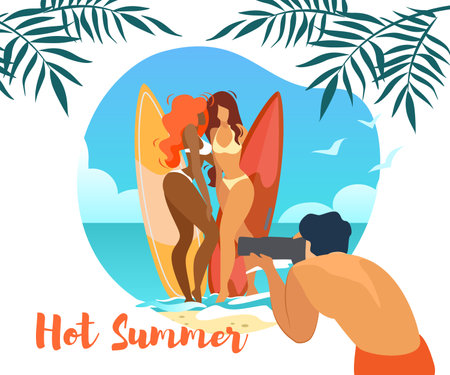 Hot Summer Horizontal Banner with Man Photographer Making Photo of Young Sexy Girls in Bikini Posing with Surfing Board on Seaside Background with Palm Leaves, Holiday Cartoon Flat Vector Illustrationのイラスト素材