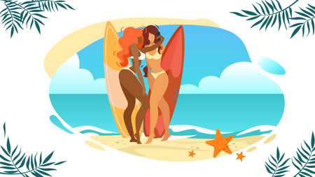 Sexy Girls in Bikini Posing and Making Selfie with Surfer Boards Standing at Beautiful Seaside Landscape with Palm Tree Leaves. Summertime Leisure, Sport, Vacation Cartoon Flat Vector Illustration.のイラスト素材