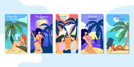 Romantic Vacation, Hot Summer Night Vertical Banners, Mobile App Page Onboard Screen Set for Website, Beautiful Girls in Bikini and Loving Couple on Exotic Beach, Cartoon Flat Vector Illustrationのイラスト素材