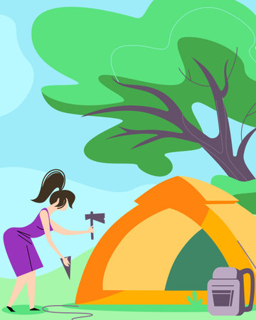 Young Woman Hummer Sticks to Ground to Set Up Tent for Spending Time at Summer Camp in Forest. Backpack, Green Trees and Bushes Background, Summertime Vacation, Hiking Cartoon Flat Vector Illustrationのイラスト素材