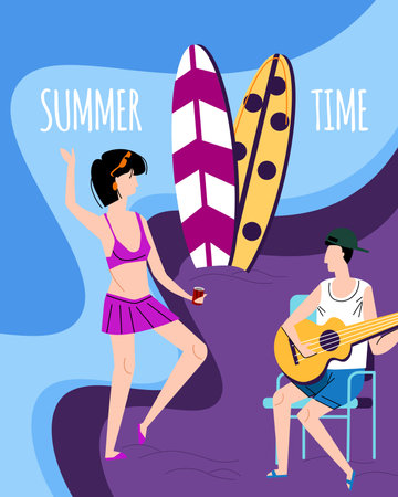 Summer Time Horizontal Banner Happy Couple Man and Woman Spend Time Outdoors on Beach. Young Man Playing Guitar, Girl Drink Beverage and Dancing, Romantic Relations, Cartoon Flat Vector Illustrationのイラスト素材