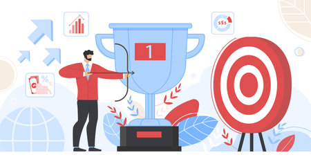 Businessman Holding Bow Aiming Arrow to Target Board on Winner Goblet Background, Opportunity, Challenge, Task Solution, Business Strategy Metaphor, Goals Achievements Cartoon Flat Vector Illustrationのイラスト素材