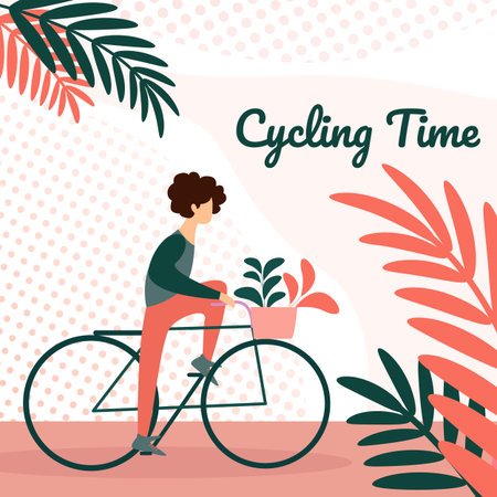 Young Man Riding Bicycle with Flowers in Front Basket on Park Background. Active Character Enjoying Bike Ride Open Air. Summer Healthy Lifestyle, Eco Transportation. Cartoon Flat Vector Illustrationのイラスト素材