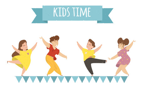 Kids Time Horizontal Banner. Happy Children Rejoice. Cute Funny Babies Boys and Girls in Colorful Clothes Dancing on Flags Garland with Hands Up on Summertime Vacation Cartoon Flat Vector Illustrationのイラスト素材
