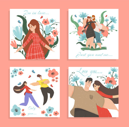 Set Love Banners or Greeting Cards. Happy Loving Couple Man and Woman Enjoying Romantic Relations Walking and Hugging among Colorful Flowers. Valentine Day Posters, Cartoon Flat Vector Illustrationのイラスト素材