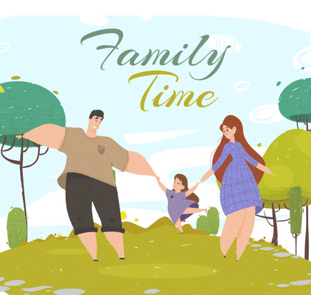 Family Time Banner. Young Woman Man and Little Girl Walking in Public City Park at Sunny Day. Mother, Father and Daughter Holding Hands Happy Together. Love, Relations Cartoon Flat Vector Illustrationのイラスト素材