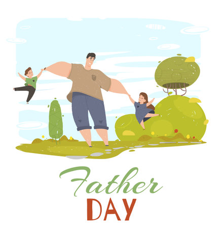 Father Day Greeting Card. Dad, Daughter and Son Playing in Public City Park. People Having Fun on Green Field. Friendly Happy Family on Summer Vacation Leisure Cartoon Flat Vector Illustration, Bannerのイラスト素材