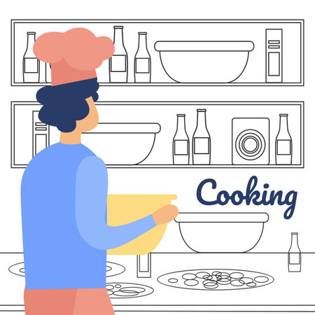 Cocking on Kitchen Flat Vector Concept with Restaurant Chef, Man in Toque Blanche Hat, Cooking Pizza, Preparing Ingredients for Dish, Kneading Dough, Putting Bowl on Table or Shelf Illustrationのイラスト素材
