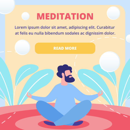 Meditation Techniques Courses, Eastern Spiritual Practices School, Mental Health Service Flat Vector Square Web Banner or Landing Page Template with Bearded Man Sitting in Lotus Pose Illustrationのイラスト素材