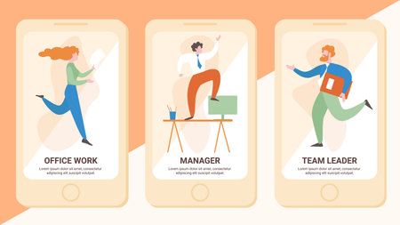Office Work, Manager, Team Leader Flat Vector Web Banner, Landing Pages for Mobile Phone Application. Female, Male Employees Hurrying with Documents, Stressed Businessman Standing on Desk Illustrationのイラスト素材
