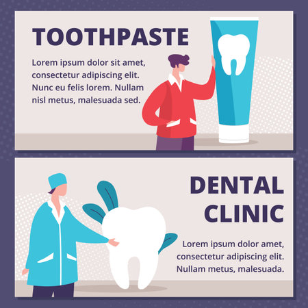Toothpaste for Teeth Whitening or Cleaning, Modern Dental Clinic Service Flat Vector Horizontal, Advertising Banner, Promo Poster Template. Man with Toothpaste Tube, Dentist in Uniform Illustrationのイラスト素材