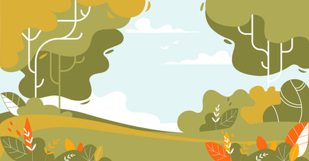 Summer Time Tranquil Landscape of Forest and Green Meadow with Grass and Bushes. Nature Background with Beautiful Wood at Spring or Summertime. Park or Garden Plants. Cartoon Flat Vector Illustrationのイラスト素材