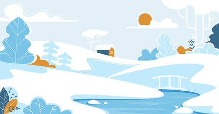 Winter Landscape with Lonely House or Chalet Stand at Frozen River with Bridge, Spruce Trees and Snow around. Cottage for Wintertime Holidays Vacation, Wintertime Nature Cartoon Vector Illustrationのイラスト素材