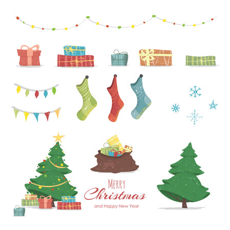 Merry Christmas and Happy New Year Set of Design Elements Isolated on White Background. Xmas Tree with Gifts, Spruce, Sack Full of Presents, Socks and Garland Cartoon Flat Vector Illustration Clip Artのイラスト素材