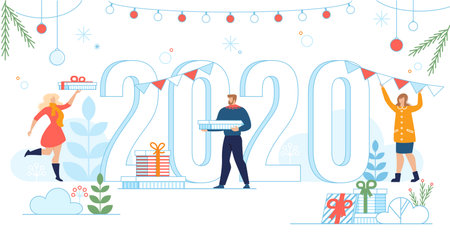Preparing to New 2020 Year Happy Celebration, Planning Winter Holiday Party Trendy Flat Vector Concept. Man and Woman Buying Gifts, Decorating All Around with Garlands and Ball Toys Illustrationのイラスト素材