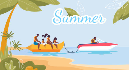 Summer Activities on Water and Fun in Sea Advertising Flat Poster. Cartoon People Tourists Characters Spending Joyful Time during Banana-Boating. Man Driving Motor Boat. Vector Marine Illustrationのイラスト素材