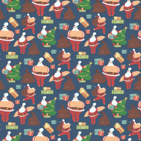 Christmas and New Year Seamless Pattern of Santa Claus with Bag and Decorated Fir Tree on Grey Background. Texture for Fabric, Wrapping Paper, Xmas Ornament, Print. Cartoon Flat Vector Illustrationのイラスト素材