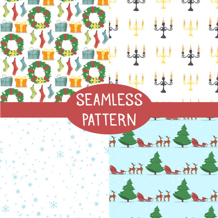 Set of Seamless Xmas Patterns, Texture Print with Colorful Christmas Symbols as Santa Reindeer Sledge, Candles, Falling Snowflakes, Fir Tree Wreath Socks and Presents Cartoon Flat Vector Illustrationのイラスト素材