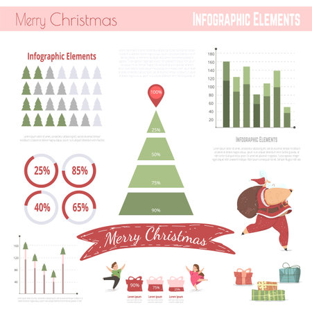 Christmas Banner with Infographics Elements. Santa Claus Carry Sack with Gifts, Happy Kids Dancing on White Background with Charts, Diagrams and Business Information. Cartoon Flat Vector Illustrationのイラスト素材