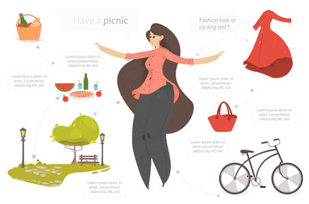 Happy Woman Going on Picnic Set for Creation Picture and Composition. Elements for Mixing and Coloring. Girl, Dress, Food, Bicycle and Plants. Cartoon Flat Vector Illustration in Craft Style, Bannerのイラスト素材