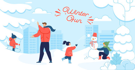 Winter Fun and Happy Family Motivation Flat Poster. Cartoon Father Playing with Kids in Yard or in Park. Children Sledding, Making Snowman, Throwing Snowballs. Holidays Vacation. Vector Illustrationのイラスト素材