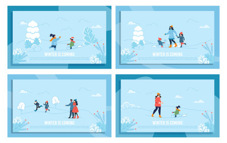 Winter Greeting Banner Set with Blue Frame, Family Rest Outdoors Design. Parents and Children on Holidays Vacation. Recreation and Leisure during Snowfall. Vector Cartoon Flat Illustrationのイラスト素材