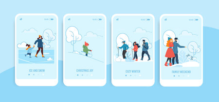 Mobile Screens Set. Family Winter Activities. Flat Landing Page Kit with Motivation Lettering. Adult...
