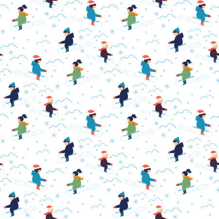 Happy Boy and Girl Ride Sled Seamless Pattern. Flat Winter Snowfall Design. Snowy Park and Forest Repeated Scene. Vector Cartoon Children Characters Set Having Active Rest and Fun Illustrationのイラスト素材