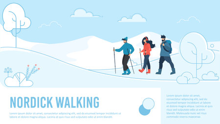 Nordic Walking. Cartoon Friends Trekking among Snowy Hills. Men and Woman in Warm Clothing. Winter Tourism on Holidays Vacation. Active Lifestyle. Advertising Flat Poster. Vector Illustrationのイラスト素材