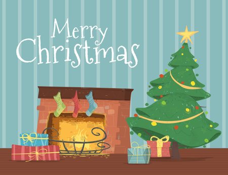 Gift Boxes Lying under Decorated Christmas Tree at Burning Fireplace with Hanging Stockings in Cozy Room. Merry Christmas Greeting Card, Happy Xmas Greetings Cartoon Flat Vector Illustration, Bannerのイラスト素材