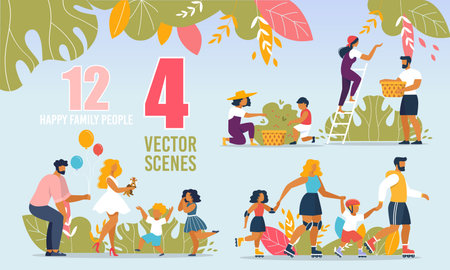 Cartoon Happy Family People Characters. Summer Activities Scenes Set. Parents Congratulating Kids with Holidays. Father, Mother, Children Roller Skating, Harvesting in Garden. Vector Flat Illustrationのイラスト素材