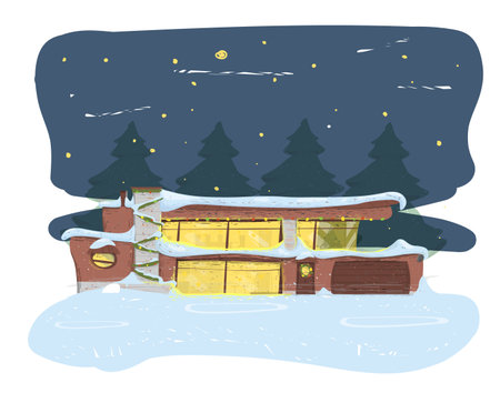 Suburban House Covered with Snow New Year Nightのイラスト素材